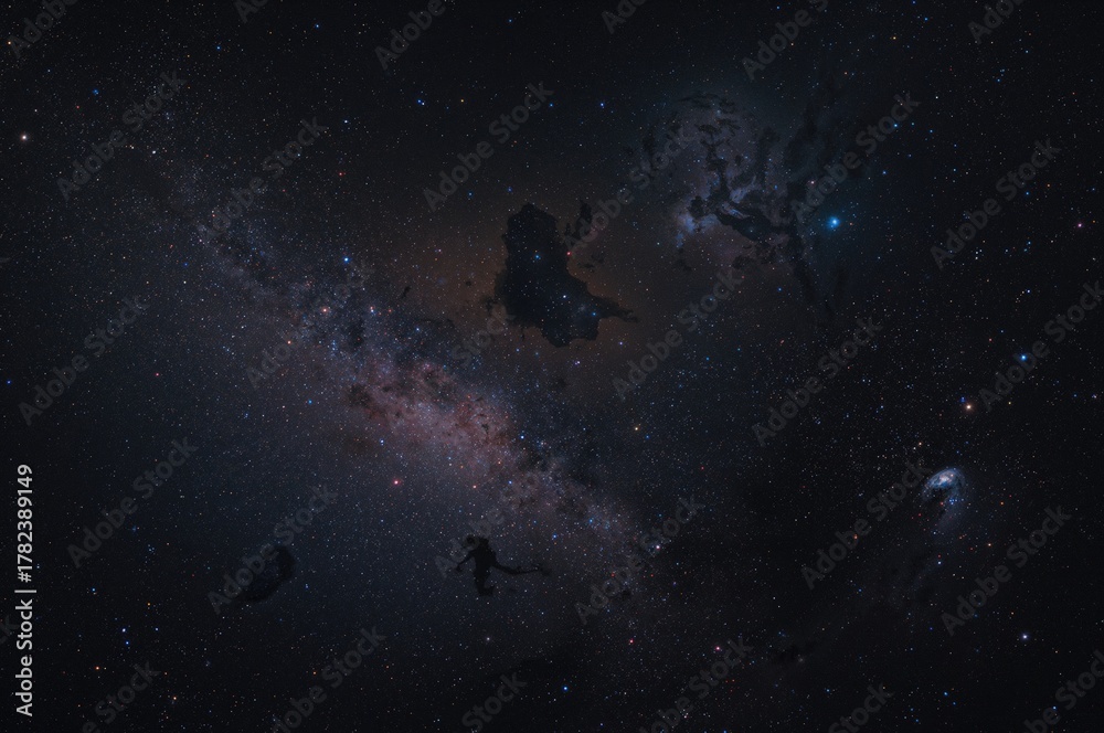 Fototapeta premium Cosmic scene featuring radiant nebulas and celestial bodies in an alien universe