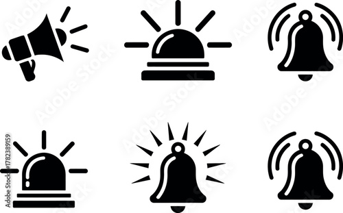 Alert icons featuring a megaphone siren and bells in a vector format for use in designs and user interfaces