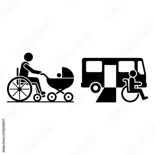 Accessibility symbols for wheelchair users with stroller and bus
