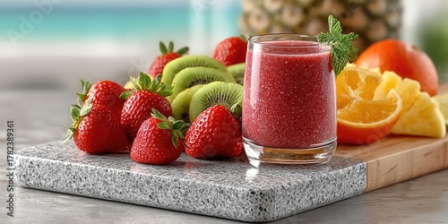 Fototapeta Naklejka Na Ścianę i Meble -  A modern kitchen countertop with fresh fruits smoothie glass