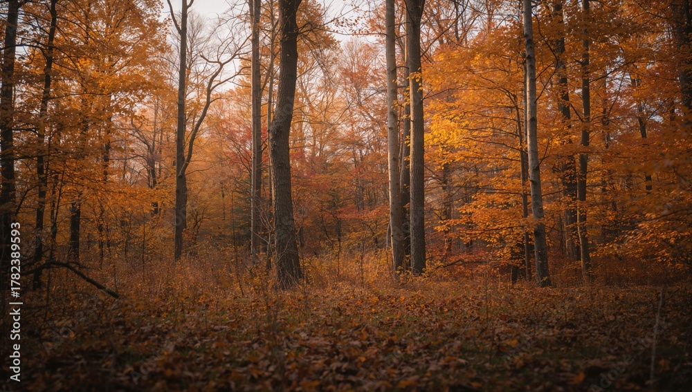 Obraz premium Autumn foliage blanketing the forest floor, seasonal change