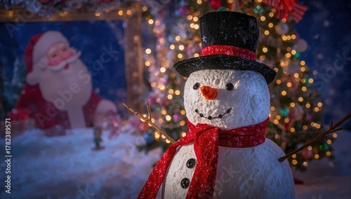 A snowman adorned with twin...