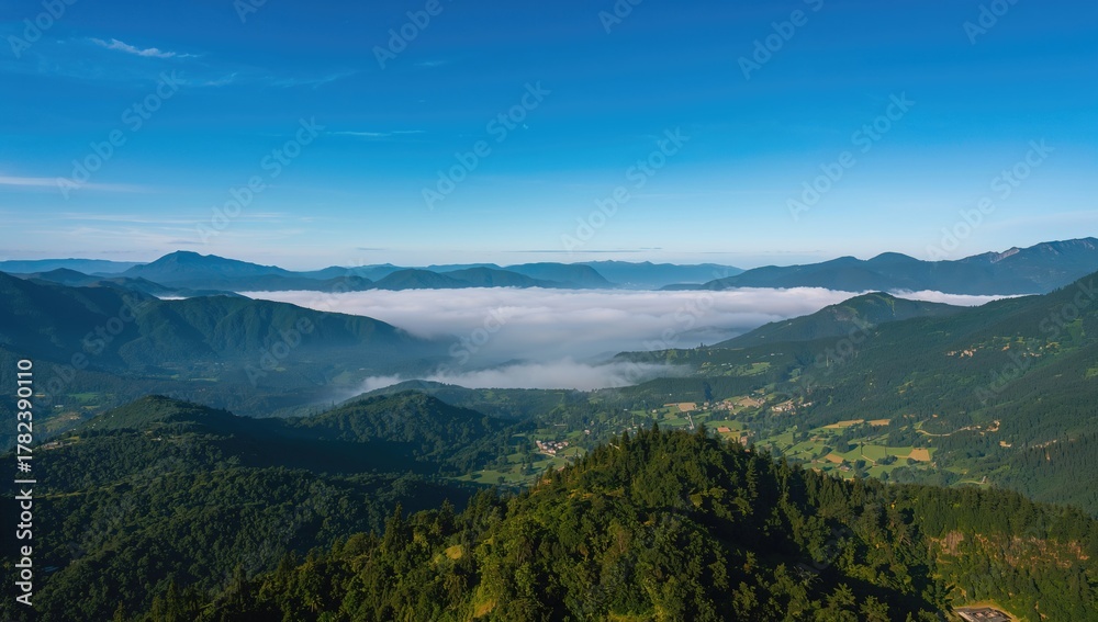 Naklejka premium Aerial view of a misty valley landscape, showcasing natural fog cover, seasonal change