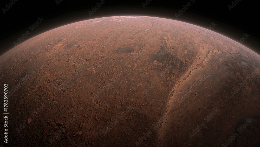 Naklejka premium Perspective of Earth as seen from the surface of the red planet with its rugged terrain and impact craters in the cosmos.