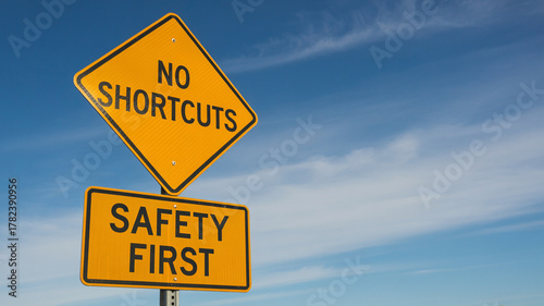 A yellow no shortcuts sign above a safety first sign against a blue cloudy sky during the daytime