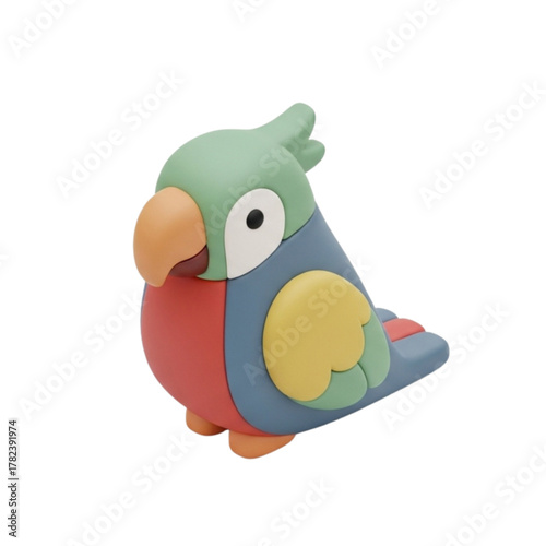 Colorful 3D parrot character illustration in a cute plasticine style. Adorable stylized tropical bird mascot isolated on a white background