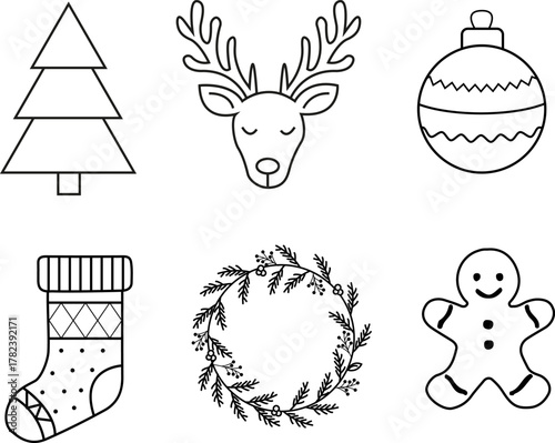 Minimalist Christmas and New Year line icons set tree, reindeer, wreath, stocking, bauble, and gingerbread man outline illustration