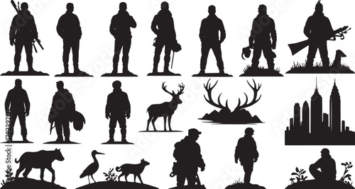 Hunter silhouettes with rifles, deer, antlers, dog, birds, city skyline and outdoor hunting scenes vector