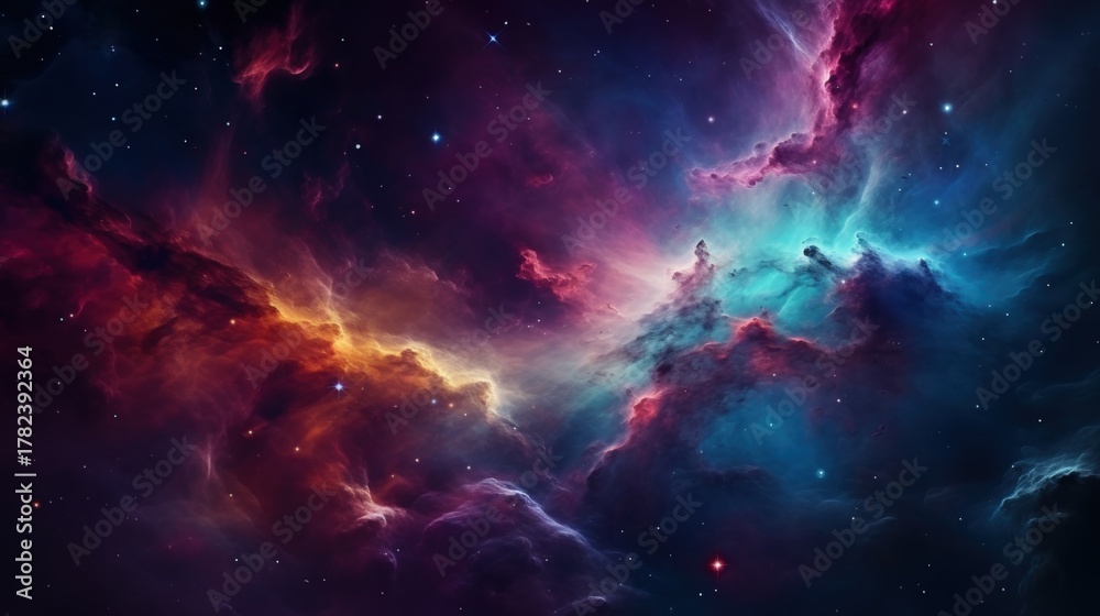 Fototapeta premium A vibrant cosmic scene showcasing colorful nebulas, stars, and swirling gases, evoking a sense of wonder and the vastness of space.