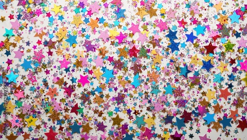 Colorful confetti stars scattered on a white backdrop, ideal for festive design