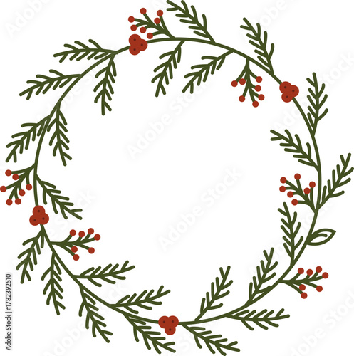 Christmas wreath with green pine branches and red berries, festive holiday decoration, New Year floral frame, winter botanical illustration