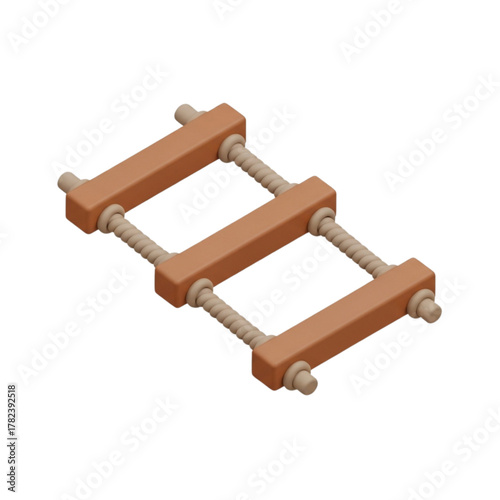 Vibrant 3D isometric illustration of a wooden modular construction element with threaded rods, designed for rotational assembly in challenging puzzles and educational games