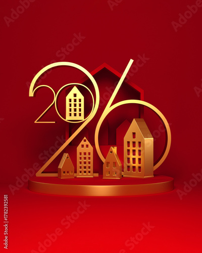 2026 New Year illustration with abstract golden houses. 3D render.
