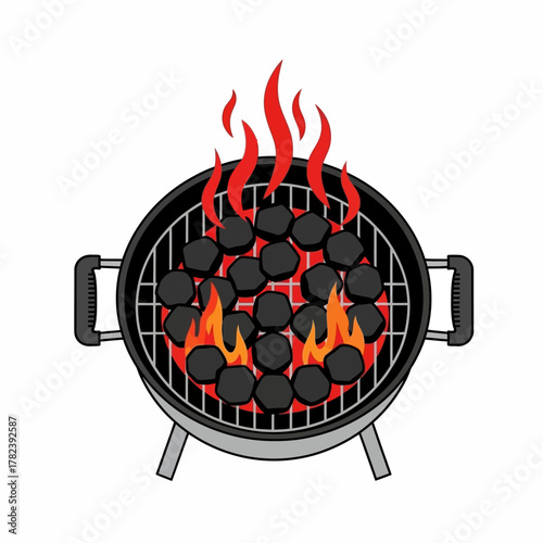 Illustration of a round barbecue grill with burning charcoal and flames on a white background