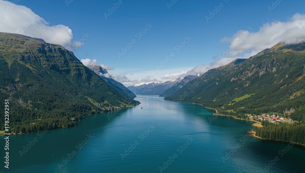 Obraz premium Aerial view of a natural fjord captured by drone, showcasing seasonal change