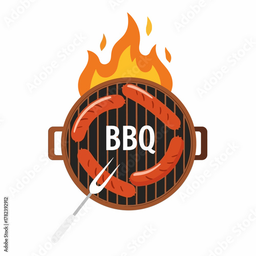 Graphic illustration of a barbecue grill with sausages and flames on a white background