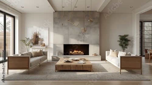 Sunlit Scandinavian-style living room with a modern concrete fireplace and minimalist decor