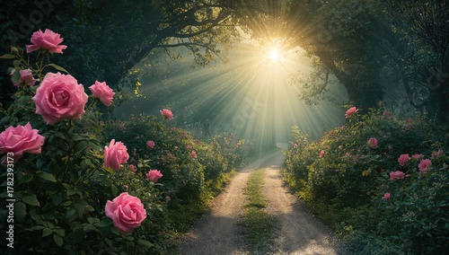 In a whimsical garden, pink...