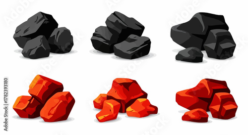 Graphic illustration of black and red coal rocks on white background