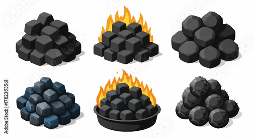 Collection of charcoal piles with flames on white background