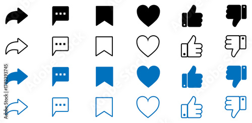 social media interface icon set with like comment share save and message symbols. Social media icons set like comment share thumb heart save vector illustration. vector icons.