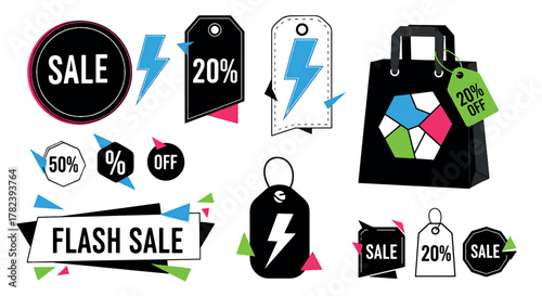 Modern vector collection of dynamic sale tags, discount labels, and flash deal badges, ideal for eye-catching marketing promotions and highlighting special offers