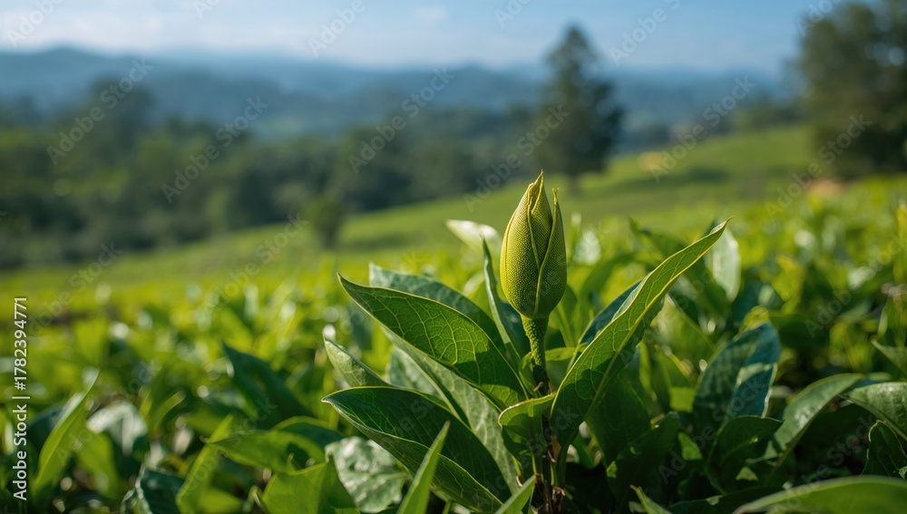 Fototapeta premium Green tea buds and fresh leaves, fiber-dense choice