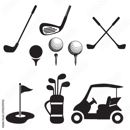Golf equipment and cart illustration for sport and leisure concept