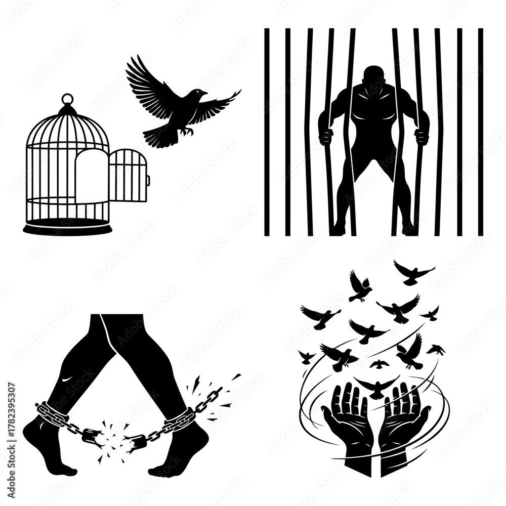 Fototapeta premium Four black and white freedom themed illustrations