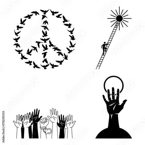 Four symbols of peace, hope, and progress are presented here