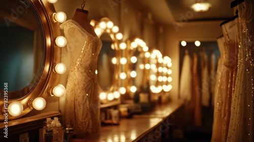 Elegant Dressing Room with Glamorous Vanity Mirrors and Dresses