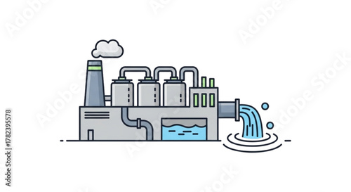 Advanced Industrial Factory Wastewater Discharge Illustration: Manufacturing Pollution, Chemical Plant Effluent, Environmental Impact, Water Contamination Control