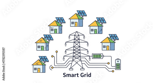 Advanced Smart Grid Solar-Powered Homes Network Illustration: Renewable Energy Distribution, Microgrid Technology, Sustainable Electricity Management, Off-Grid Solutions