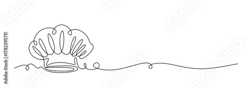 Continuous one line drawing of chef hat or cap. One line drawing illustration of hat chef. one continuous line drawing of cook hat uniform. Symbol of cafe