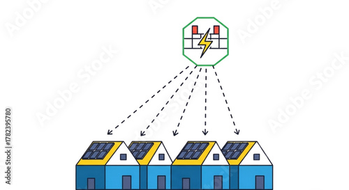 Advanced Smart Grid Solar-Powered Homes Network Illustration: Renewable Energy Distribution, Microgrid Technology, Sustainable Electricity Management, Off-Grid Solutions