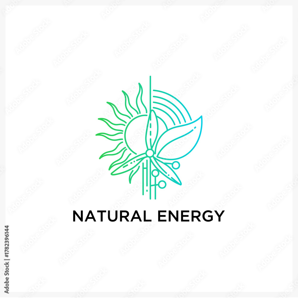 Fototapeta premium Green energy logo concept with sun, wind turbine, and leaf. Renewable power source symbol in a minimalist line art vector illustration