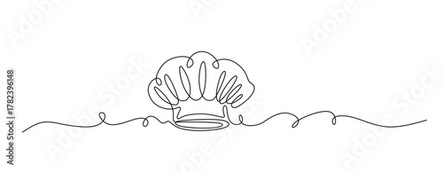 Continuous one line drawing of chef hat or cap. One line drawing illustration of hat chef. one continuous line drawing of cook hat uniform. Symbol of cafe