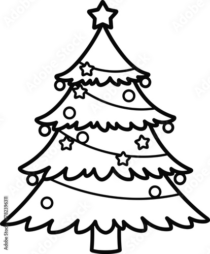 Christmas tree line art, festive holiday decoration, ornamented pine silhouette, seasonal graphic, black and white vector, printable design, celebration icon