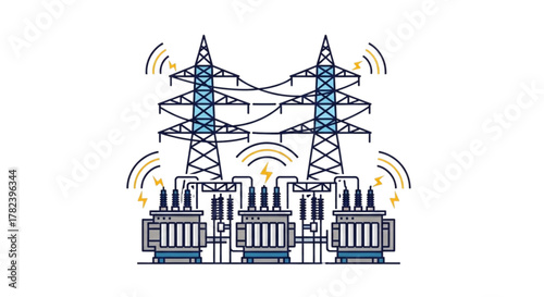 Advanced Electrical Substation Transformer Yard Illustration: High-Voltage Power Distribution, Grid Infrastructure, Transmission Lines, Energy Network Management