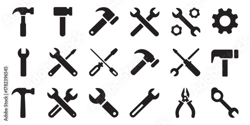 Tools and Service icons set. Wrench, screwdriver and gear icon. Screwdriver and wrench glyph icon. Settings and repair, service sign - stock vector illustration.