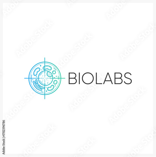 Futuristic biological research laboratory emblem with a stylized cell in a target reticle, illustrating scientific precision and innovation in biotech