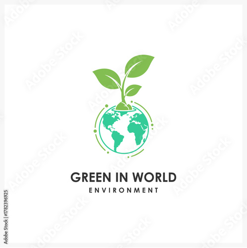 Green plant sprout growing from a stylized planet Earth globe icon. Eco-friendly vector logo concept for environmental and sustainable technology