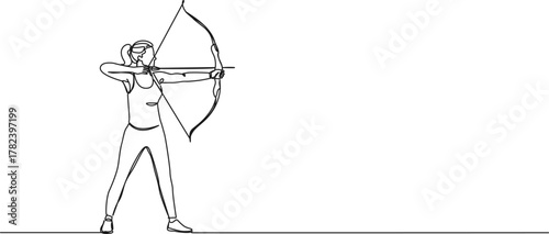 continuous line drawing of woman practicing archery, line art vector illustration