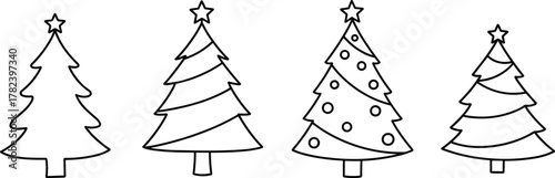 Christmas tree silhouette set, festive holiday icons, cartoon pine design, seasonal vector art, black graphic, printable decoration, winter celebration symbol