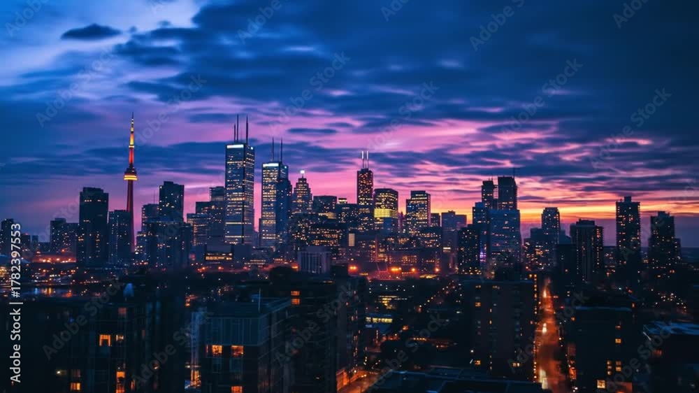 custom made wallpaper toronto digitalStunning Panoramic City Skyline at Twilight with Illuminated Modern Skyscrapers, Urban Lights, and a Beautiful Purple-Pink Sunset Sky