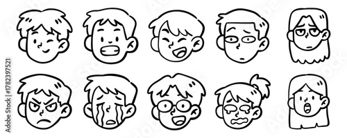 Set of Doodle Human Face Cartoon