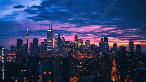 Wallpaper Mural Stunning Panoramic City Skyline at Twilight with Illuminated Modern Skyscrapers, Urban Lights, and a Beautiful Purple-Pink Sunset Sky Torontodigital.ca