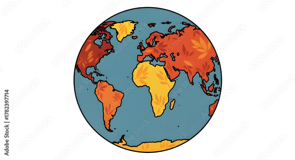 Obraz premium Stylized Earth Globe Illustration with Autumn Leaf Pattern for Environment and Ecology.