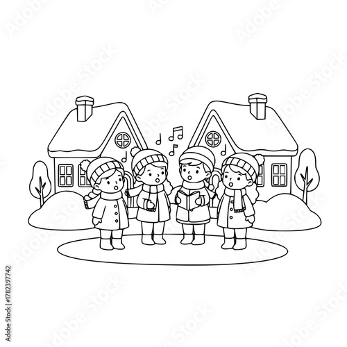 Children singing christmas carols outside houses