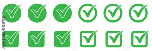 Check mark vector design, verified tick icon graphic, Green check mark and red cross icon set for web and mobile design, Tick and cross symbol collection in green color for ui illustration. 